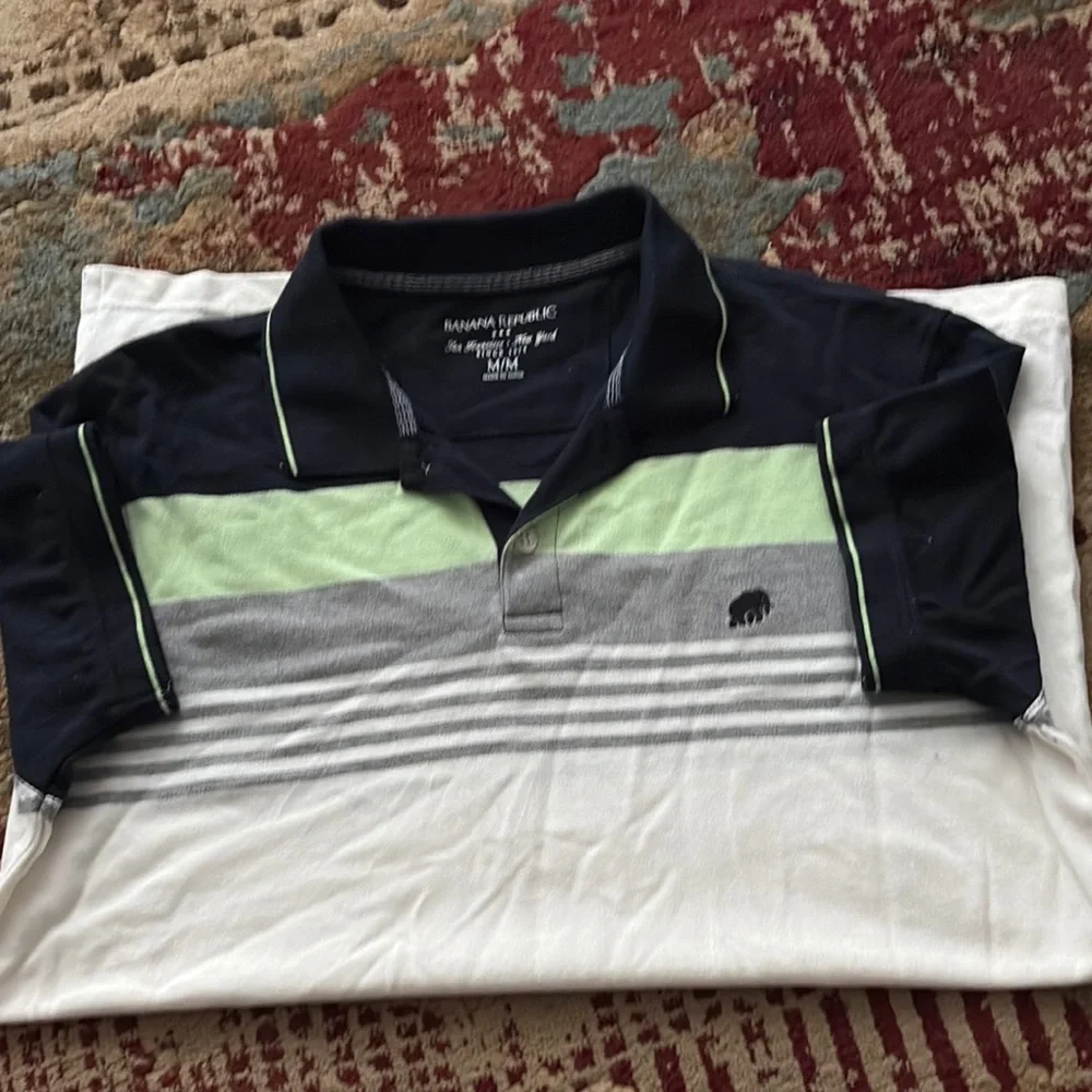 Banana Republic Navy, Light Green, Gray and White Striped Polo